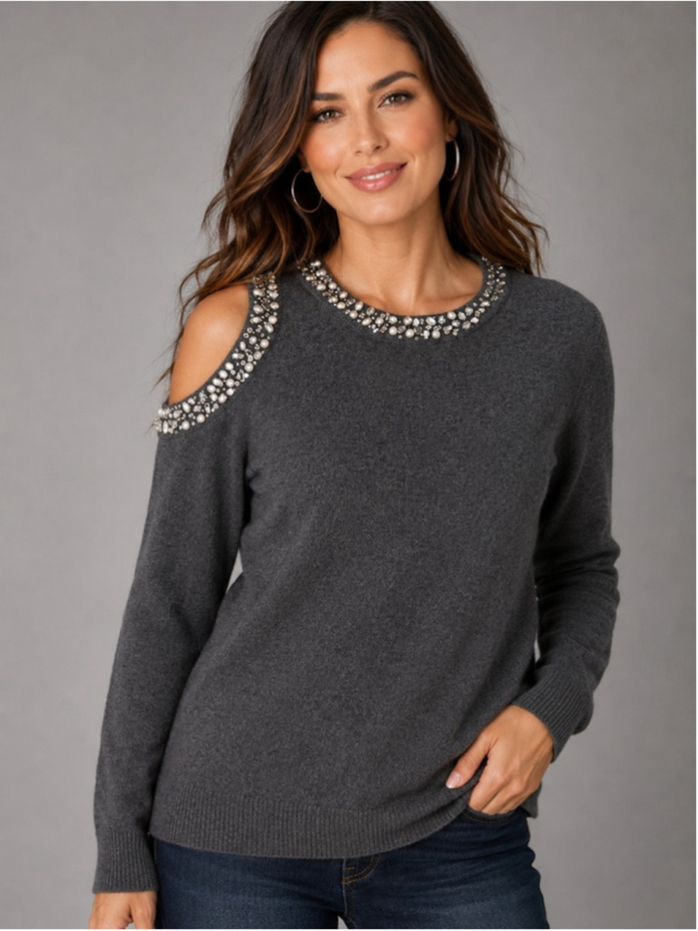 INC International Concepts Gray Cold Shoulder Embellished Sweater